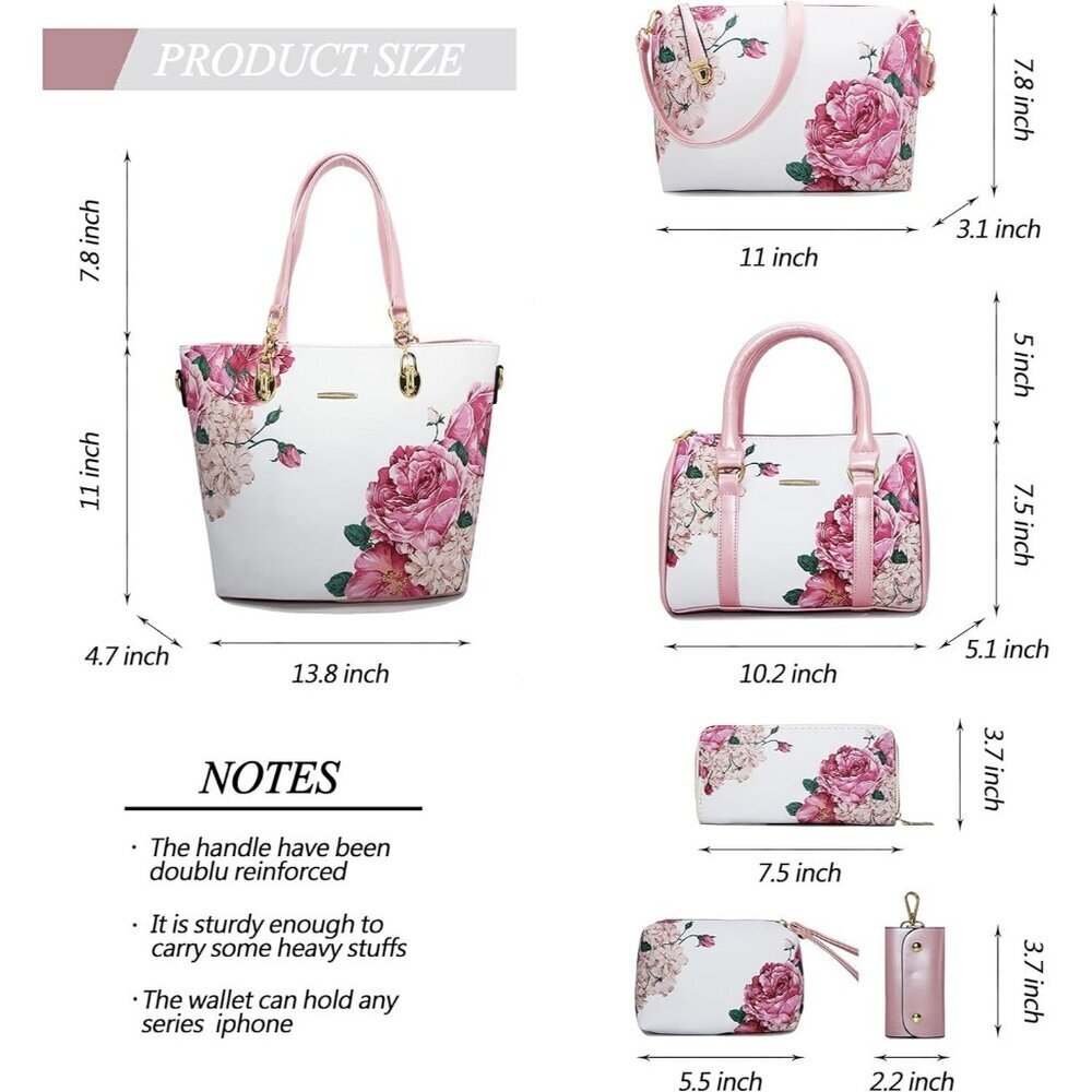 Women's Pink White Faux leather Zipper Simple Top Handle 6pcs Tote Hand Bag - Picture 5 of 6